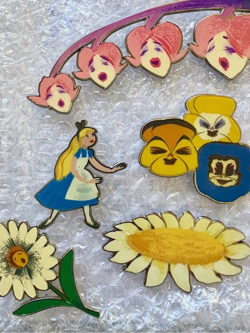 Mary Blair Alice Storybook Enamel Pin Set - Blue, Pink, Yellow Floral Characters